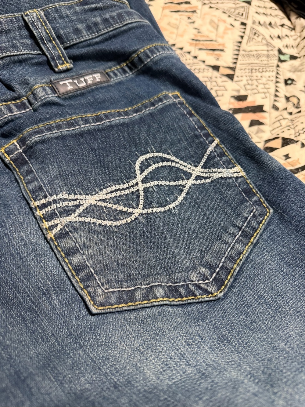 Cowgirl Tuff Women's Blue Boot Cut Jeans with White Embroidered Back Pocket